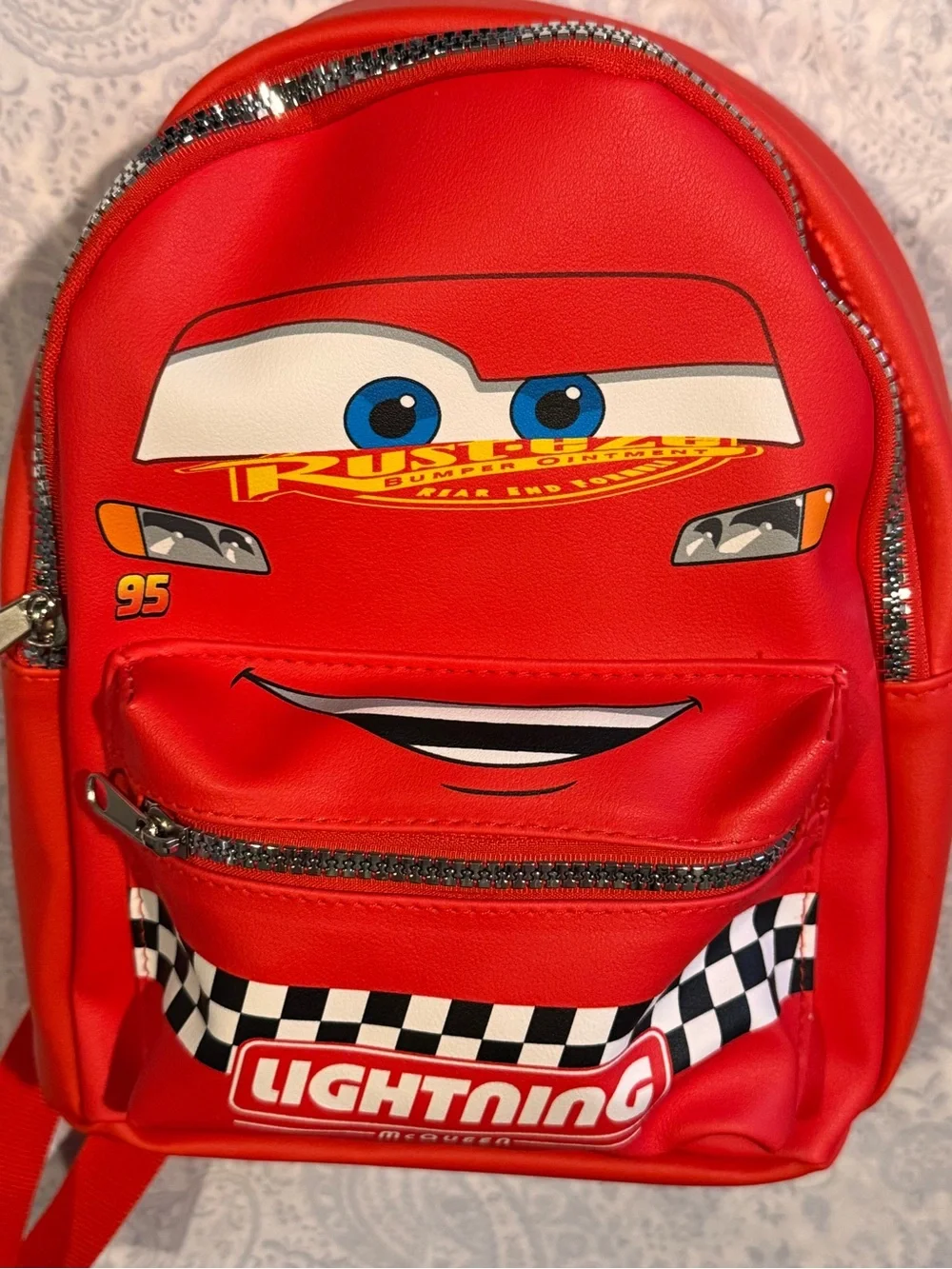 Disney Lightning McQueen Faux Pebbled Red Leather Backpack with Checker Accent